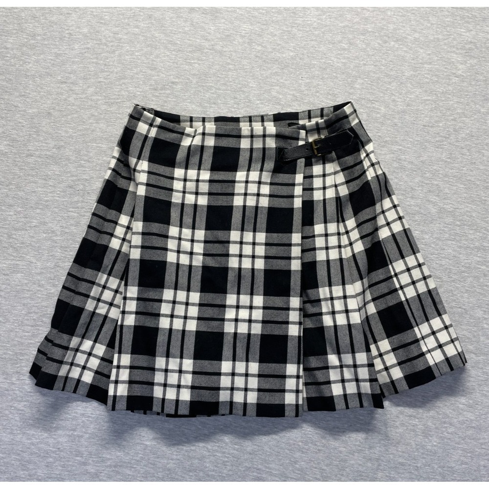 Uniqlo Wrap Mini Skirt Womens 28 Black White Gingham Plaid Side Buckle Pleated
